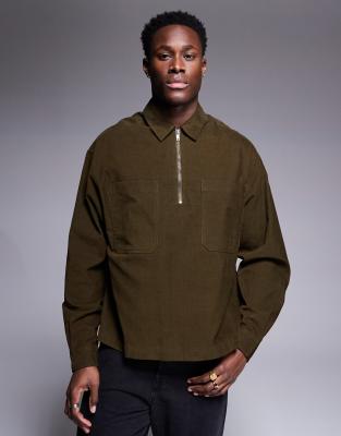 boxy overhead cord shirt with zipped pockets in washed khaki-Green