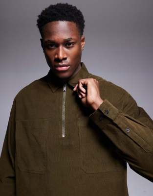 Asos Design Boxy Overhead Cord Shirt With Zipped Pockets In Green