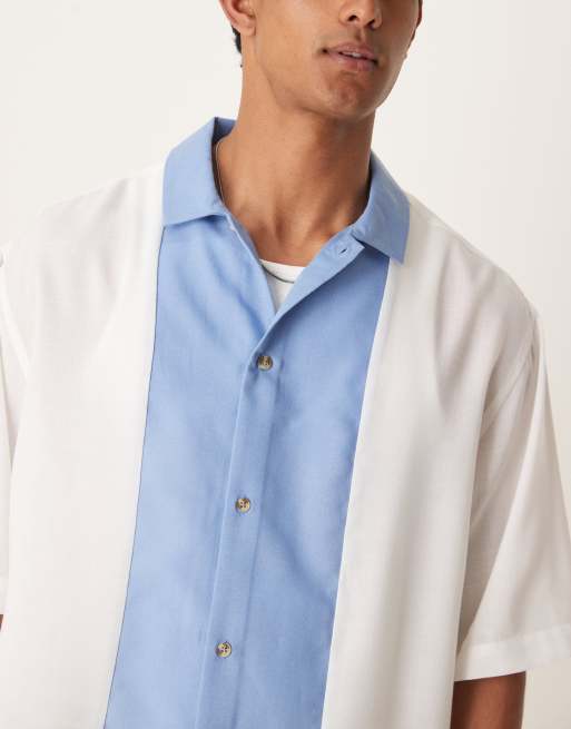 ASOS DESIGN boxy overhead oversized shirt in blue and stone cut and sew, 2 of 4