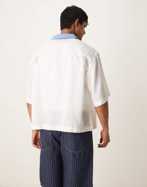 ASOS DESIGN boxy overhead oversized shirt in blue and stone cut and sew, 3 of 4