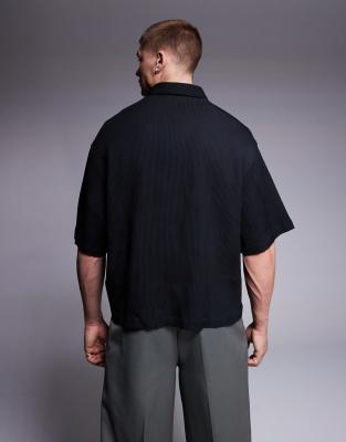 ASOS DESIGN overhead boxy plisse regular shirt in black