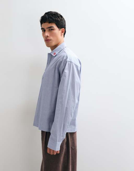 ASOS DESIGN boxy overhead stripe shirt with collar embroidery in blue and white, 3 of 5