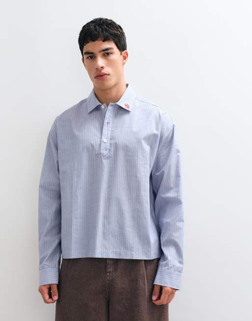 ASOS DESIGN boxy overhead stripe shirt with collar embroidery in blue and white, 4 of 5