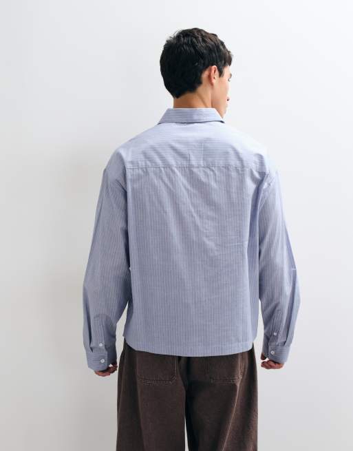 ASOS DESIGN boxy overhead stripe shirt with collar embroidery in blue and white, 5 of 5