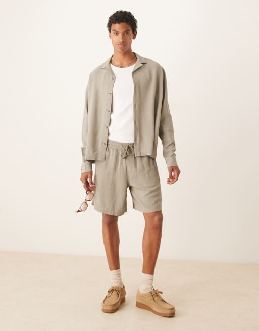 ASOS DESIGN - Boxy overhemd van co-ord set van linnenmix met reverskraag in groen, 3 van 4