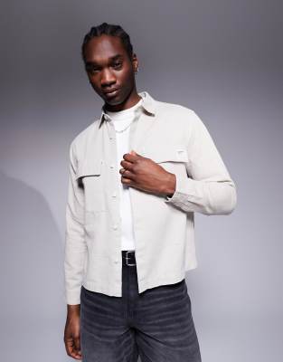 Asos Design Boxy Overshirt With Badge In Neutral