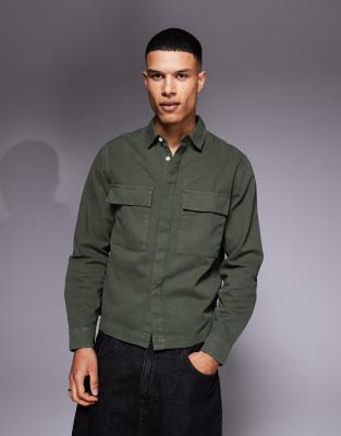 Asos Design Boxy Overshirt With Concealed Buttons In Khaki-green