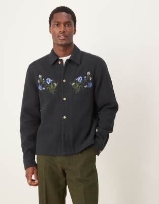 boxy overshirt with floral embroidery in navy