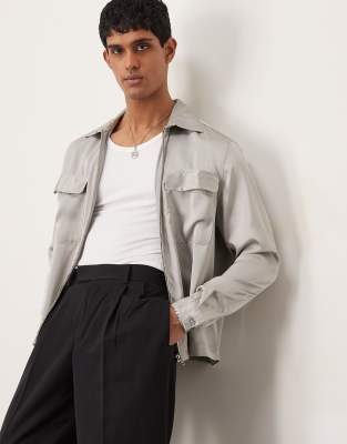 Asos Design Boxy Overshirt With Patch Pockets And Zip In Gray