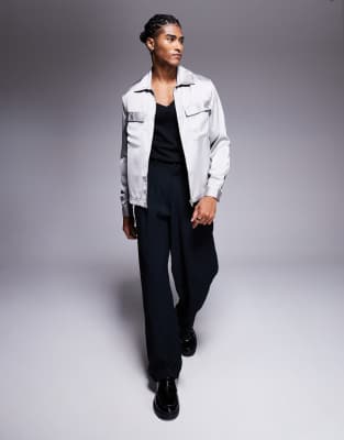 Asos Design Boxy Overshirt With Patch Pockets And Zip In Gray