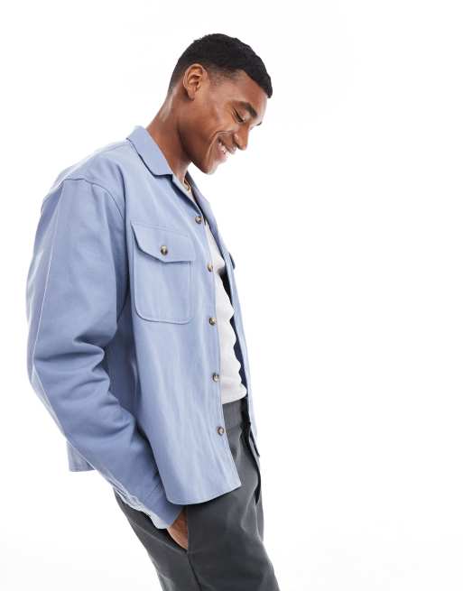 ASOS DESIGN boxy overshirt with revere collar in cornflower blue