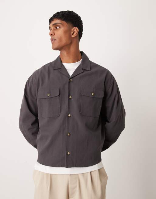 ASOS DESIGN boxy overshirt with revere collar in dark gray