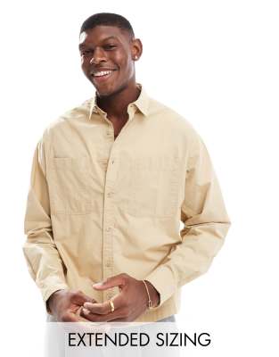 Asos Design Boxy Overshirt With Square Pocket In Stone-neutral
