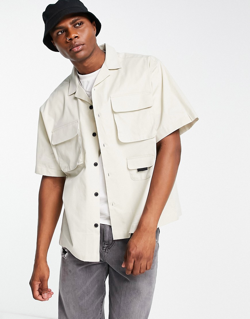ASOS DESIGN boxy oversixed utility shirt with pockets-Neutral
