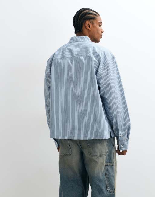 ASOS DESIGN boxy Oversize-Hemd mit Streifen und Frontprint in Blau, 3 von 5