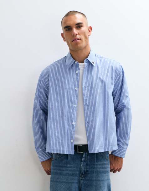 ASOS DESIGN boxy Oversize-Hemd mit Streifen und Platzierungsprints in Blau - view 1