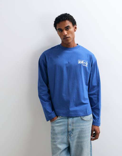 ASOS DESIGN boxy Oversize Langarm-T-Shirt mit Sportgrafik in Marineblau, 2 von 5