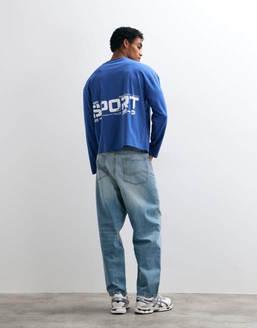 ASOS DESIGN boxy Oversize Langarm-T-Shirt mit Sportgrafik in Marineblau, 4 von 5