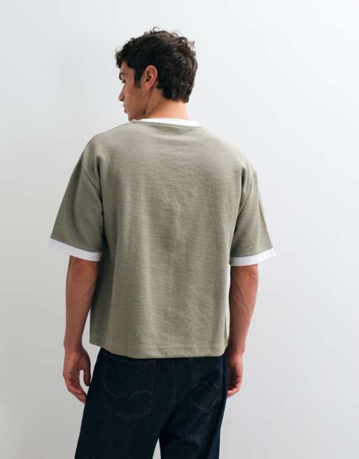 ASOS DESIGN boxy Oversize-Ringer-T-Shirt aus strukturiertem Stoff in Greige, 4 von 5