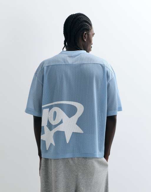 ASOS DESIGN boxy Oversize-T-Shirt mit großem Street-Print aus blauem Mesh, 5 von 5
