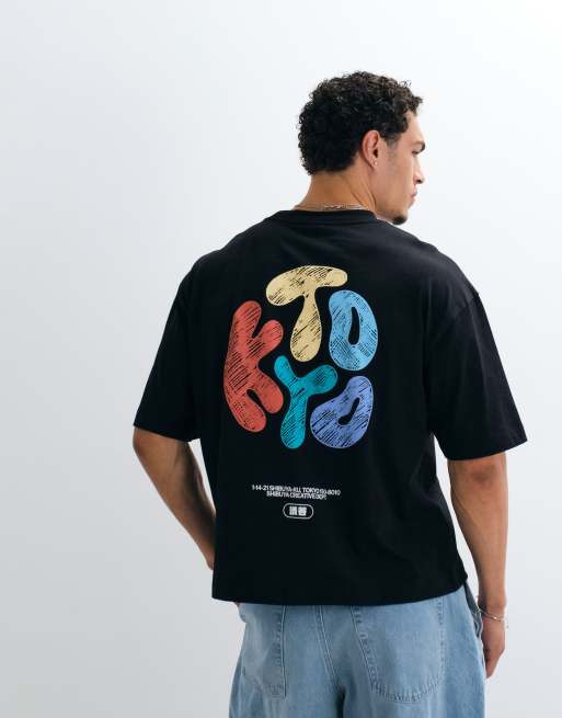 ASOS DESIGN boxy Oversize-T-Shirt mit Kritzel-Textprint „Kyoto Bubble“ in Schwarz, 3 von 5