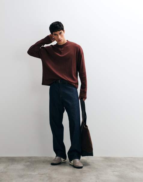ASOS DESIGN boxy oversize T-shirt z długim rękawem i dekoltem henley - view 1