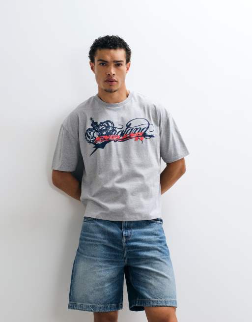 ASOS DESIGN boxy oversize T-shirt z grafiką England w szarym melanżu, 5 z 5