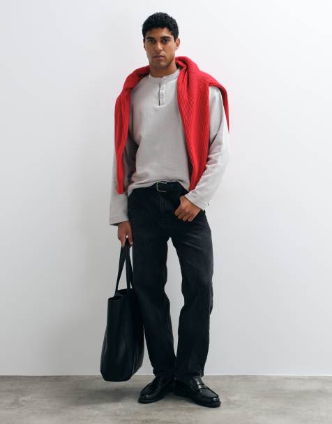ASOS DESIGN boxy oversize T-shirt z henley w kolorze stone, waflowy - view 1