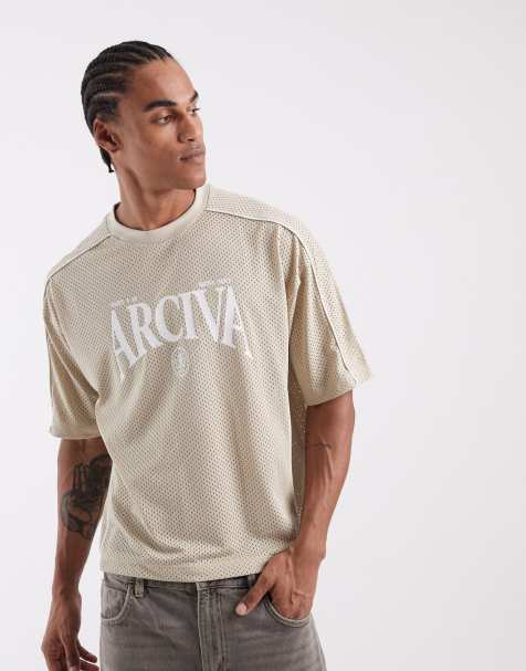 ASOS DESIGN boxy oversize T-shirt z nadrukiem tekstowym w beżowej siateczce - view 1