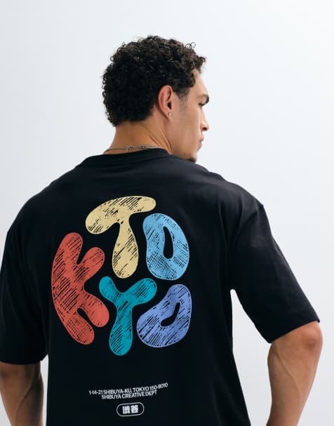 ASOS DESIGN boxy oversize T-shirt z nadrukiem z bazgrołowym napisem Kyoto bubble w kolorze czarnym - view 1