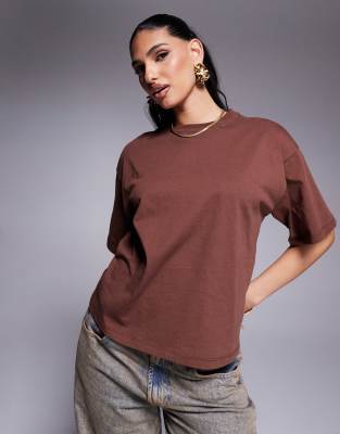 Asos Design Boxy Oversized Tee With Hardware D Ring Cinch Back Detail In Brown