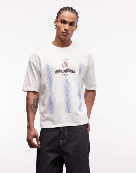 ASOS DESIGN boxy oversized all over print t-shirt with text front graphic in white - view 1