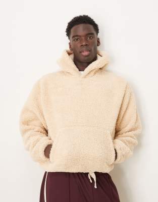 boxy oversized borg hoodie in ecru-Neutral