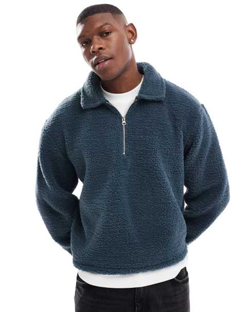 ASOS DESIGN boxy oversized borg quarter zip in gray - view 1