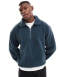 [ASOS DESIGN] ASOS DESIGN boxy oversized borg quarter zip in grey-Blue 2XL Dark Slate