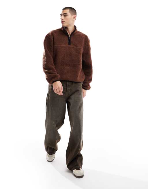 ASOS DESIGN boxy oversized half zip borg sweatshirt in light brown