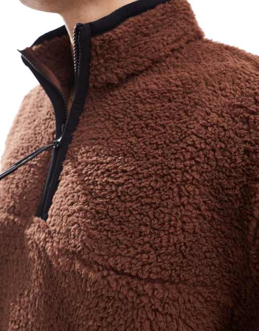 ASOS DESIGN boxy oversized half zip borg sweatshirt in light brown