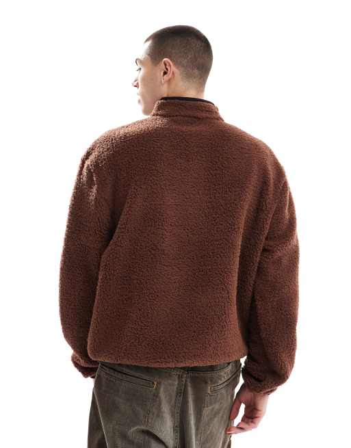 ASOS DESIGN boxy oversized half zip borg sweatshirt in light brown