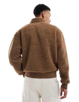 Asos Design Boxy Oversized Borg Track Jacket With Seam Detail In Brown