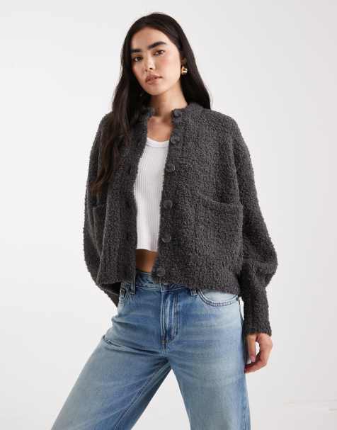 ASOS DESIGN boxy oversized boucle cardigan with pocket detail in charcoal - view 1
