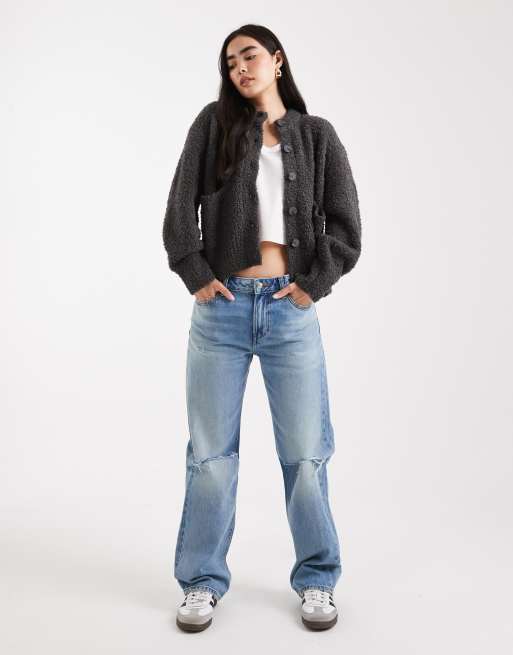 ASOS DESIGN boxy oversized boucle cardigan with pocket detail in charcoal