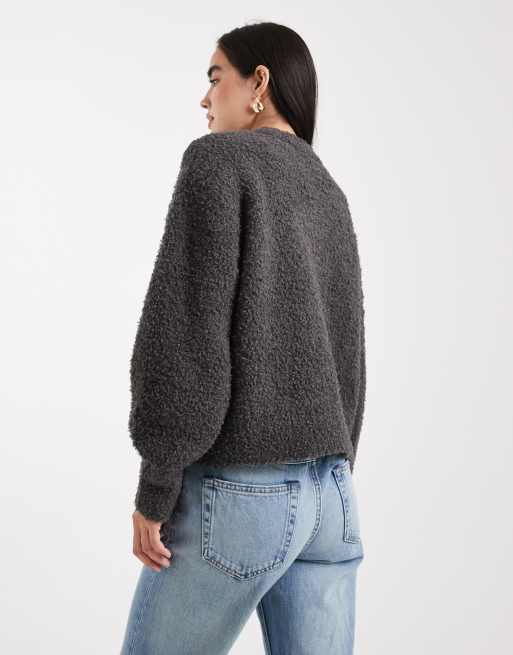 ASOS DESIGN boxy oversized boucle cardigan with pocket detail in charcoal