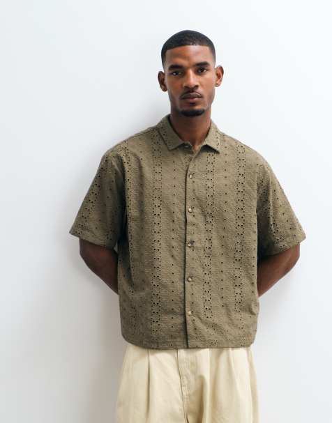 ASOS DESIGN boxy oversized broderie overhemd in kaki - view 1
