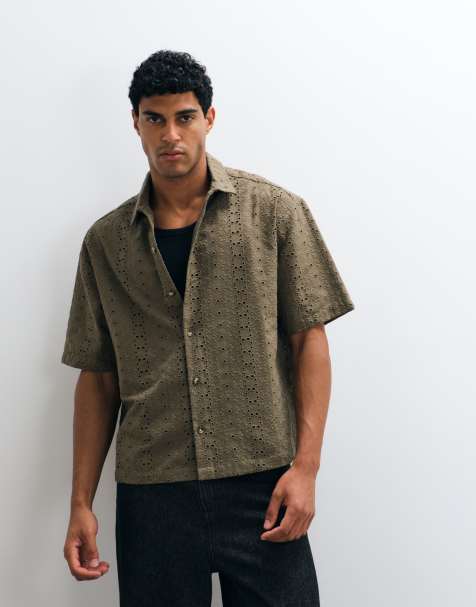 ASOS DESIGN boxy oversized broderie-skjorte i khaki - view 1