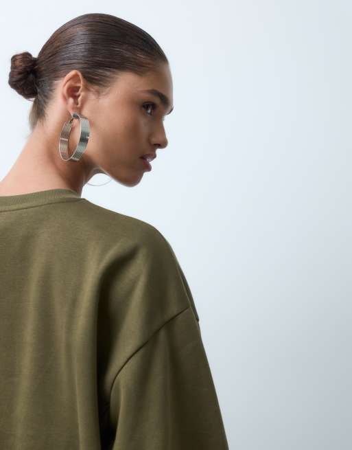 ASOS DESIGN boxy oversized brushback sweat in khaki, 2 of 4