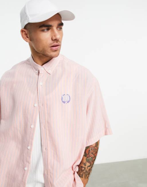 ASOS DESIGN boxy oversized button down collar shirt in vintage style pink stripe with chest embroidery