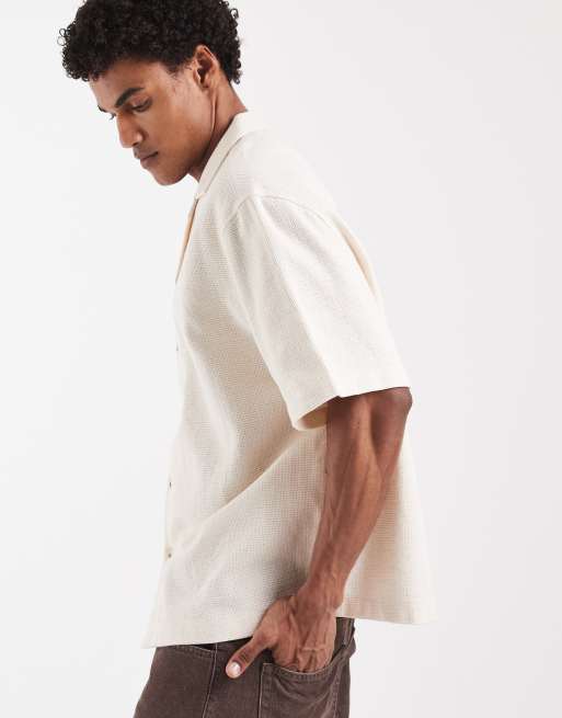 ASOS DESIGN boxy oversized camp collar basket textured shirt in ecru, 3 of 5
