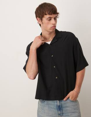 Asos Design Boxy Oversized Camp Collar Linen Blend Shirt In Black