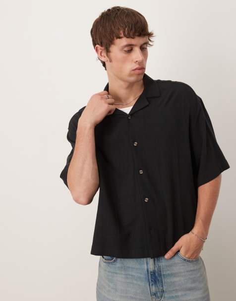ASOS DESIGN boxy oversized camp collar linen blend shirt in black - view 1