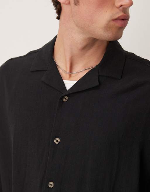 ASOS DESIGN boxy oversized revere linen blend shirt in black